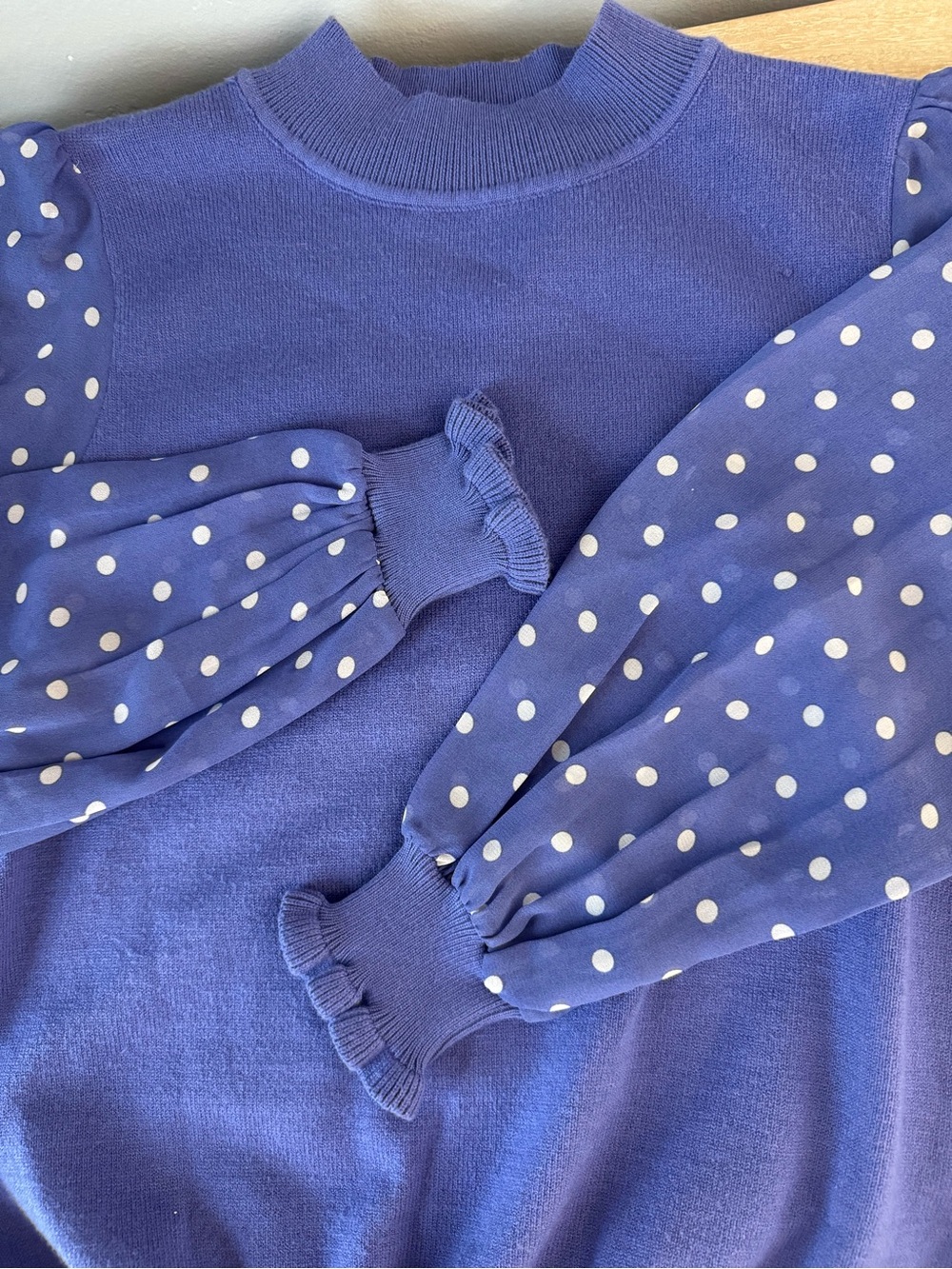 Nanette Lepore Periwinkle Knit Top with Polka Dot Sleeve Accent - Picture 8 of 8